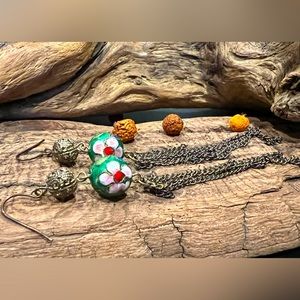 Floral Cloisonné Earrings Bronze Tone Hooks Green Pink Flowers chains Costume 5”